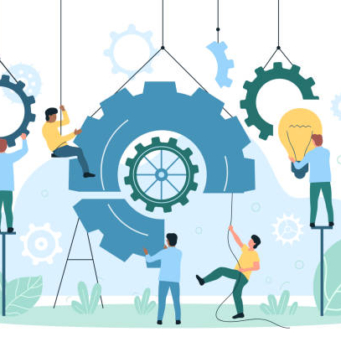 Mise en œuvre et intégration d'innovations dans les processus métier. De minuscules ingénieurs et développeurs travaillent avec un système d'engrenages, une ampoule et une illustration vectorielle à plat. Solution, concept de développement.